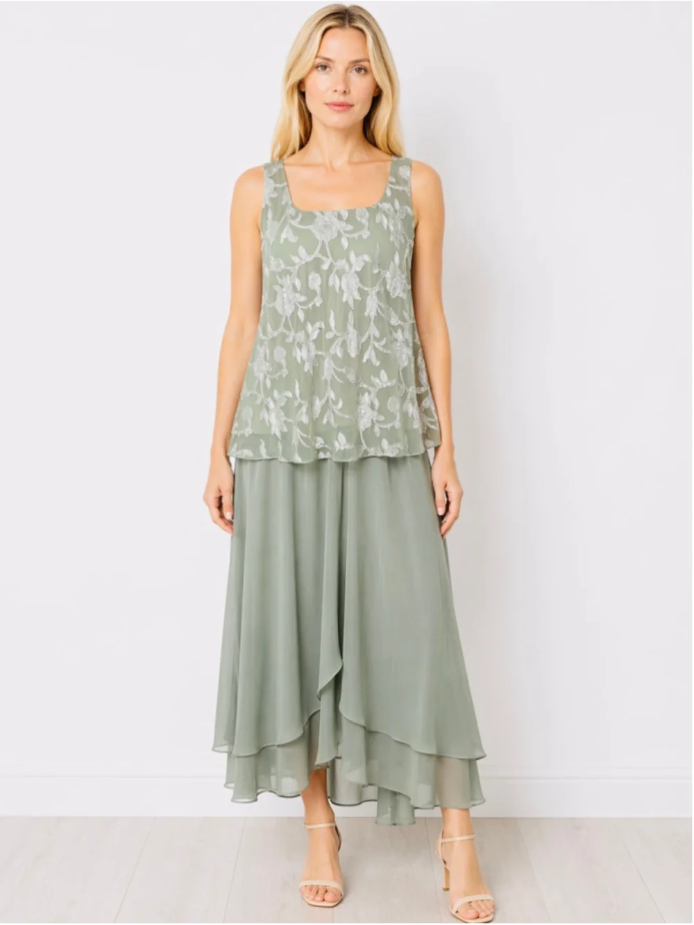 Alex Evenings Mother of the Bride Twin Skirt Set Green Embroidered Chiffon 1X - Picture 2 of 14